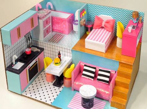 DIY Barbie - DIY Miniature Cardboard House Cardboard House Diy, Cardboard Building, Disney Dollhouse, Miniature Cardboard, House Barbie, Card House, Cardboard Dollhouse, Custom Barbie, Barbie Doll House