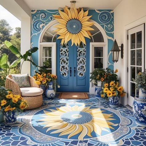 Boho Hallway, Hallway Design, Design Remodel, Sunflower Decor, Garden Painting, New House Plans, Boho Chic Decor, Hallway Decorating, Tile Design