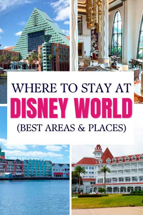 A grid of four different hotels near Disney World Florida Where To Stay In Disney World, Disney World Budget, Disney World With Kids, Disney World On A Budget, Disneyland Florida, Disney World With Toddlers, Disney Transportation, Coronado Springs Resort, Art Of Animation Resort