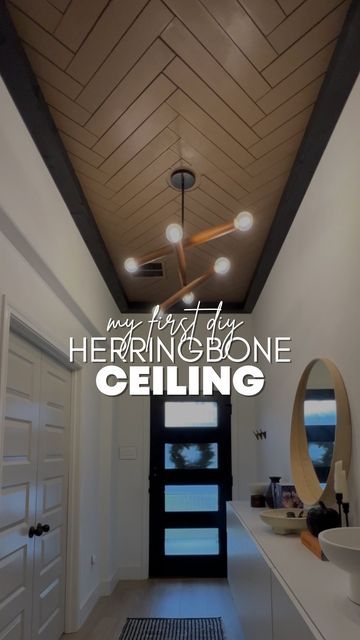 Herringbone Basement Ceiling, Herringbone Wood Ceiling Ideas, Faux Recessed Ceiling, Black Entryway Ceiling, Herringbone Ceiling Ideas, Herringbone Wood Ceiling, Chevron Ceiling Wood, Herringbone Ceiling Wood, Entry Ceiling Ideas