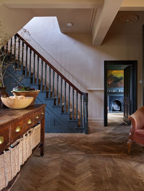 Dining Area Under Staircase, Stairs In The Kitchen, English Cottage Staircase, Dark Blue Staircase, Country House Staircase, Navy Stairs, English Farmhouse Interiors, Upstate Farmhouse, Rectory House