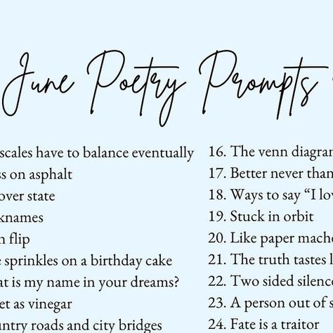 Emily Watts on Instagram: "My first ever set of poetry prompts!   I’m so excited. Tag my account so I can see what you write. 😊 . . . #poetryprompts #poems #promptlist #writingprompts" Poem Prompts, Songwriting Prompts, Poetry Prompts, June 1, My Account, Journal Prompts, Writing Tips, Writing Prompts, So Excited