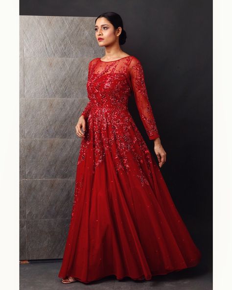 Red gown with red embellishment Red Gowns Indian, Net Frocks, Indowestern Gowns, Attitude Boy, Engagement Look, Net Gowns, Desi Dress, Gown Ideas, Simple Lehenga