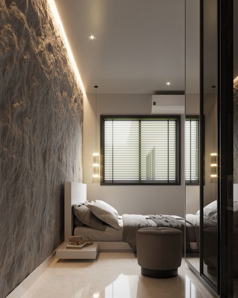 "Serene Minimalist Bedroom with Textured Accent Wall" :: Behance Concrete Accent Wall Bedroom, Concrete Accent Wall, Textured Accent Wall, Vray Render, Modern Minimalist Bedroom, Calming Spaces, Minimalist Bedroom Design, Accent Wall Bedroom, Wall Bedroom