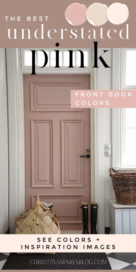 Color Bedroom Doors, Gray House Pink Front Door, Soft Pink Front Door, Rose Colored Front Door, Pink Door Grey House, Front Door Colors Pink, Pink Entry Door, Blush Pink House Exterior, Blush Front Door Paint Colors