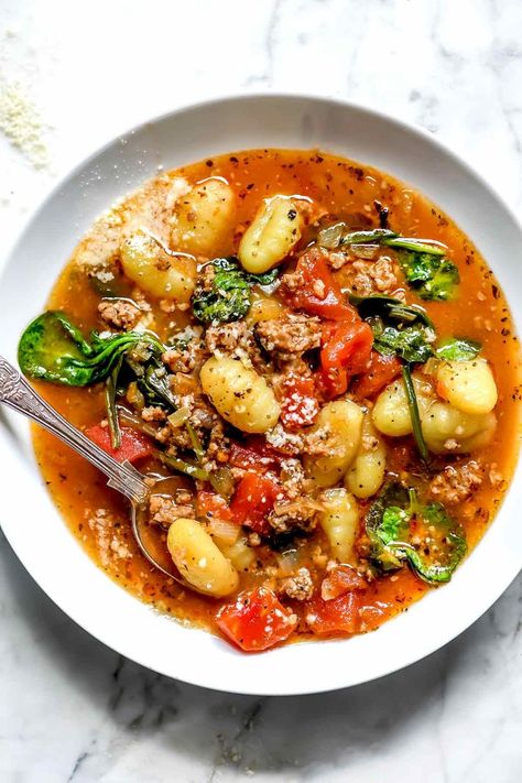 Easy Sausage and Gnocchi Soup | foodiecrush.com Soup Recipe With Sausage, Sausage And Gnocchi Soup, Sausage Gnocchi Soup, Sausage Gnocchi, Recipe With Sausage, Buttered Bread, Gnocchi Soup, Recipes Soup, Hearty Soup