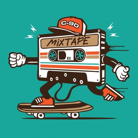 Skateboard Tshirt Design, Casette Tape Art, Cassette Illustration, Skateboard Illustration, Monkey Logo Design, Monkey Logo, Tape Cassette, Pet Raccoon, Illustration Story