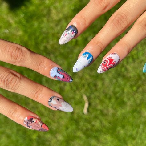 Princess Mononoke Nails, Princess Mononoke Nail Art, Studio Ghibli Inspired Nails, Ponyo Inspired Nails, Gibli Studio Nail Art, Short Nail Designs Studio Ghibli, Princess Nail Art, Princess Kaguya, Princess Mononoke