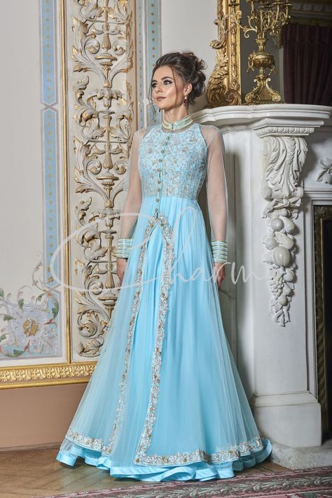 Sky Blue Cocktail Wedding Gowns, Opulence, London UK Sky Blue Gown Indian, Gowns For Reception, Sky Blue Gown, Indian Reception Gown, Registry Office Wedding Dress, Wedding Reception Gowns, Asian Bridal Wear, Wedding Reception Outfit, Silk Saree Blouse Designs Patterns