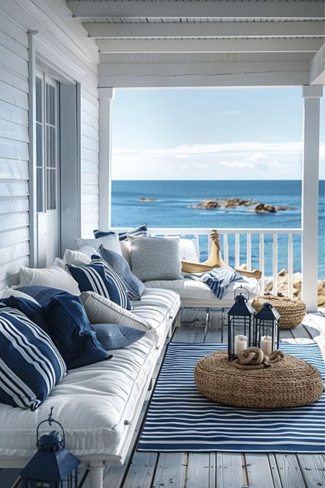 Cozy Patios, Bedroom Decor Design Ideas, Vintage Apartment Decor, Coastal Bedroom Decor, Blue Beach House, Summer Plan, Coastal Patio, Summer Beach House, Vintage Apartment