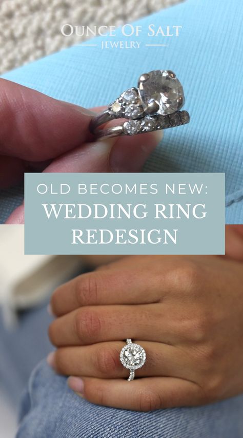 Ring on Finger, Old Ring and New Ring Wedding Ring Remake Ideas, Resetting Wedding Ring Ideas, Upgrading Wedding Ring Ideas, Reset Wedding Ring Ideas, Redo Old Wedding Ring, Jewelry Redesign Ideas, Redesigning Wedding Rings, Remade Wedding Rings, Redesigned Jewelry Before And After