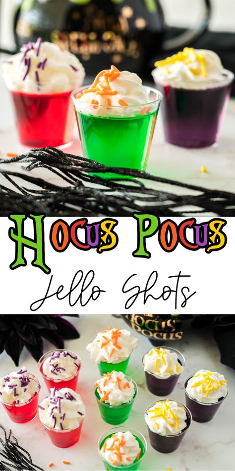 Halloween Witch Jello Shots, Witchy Jello Shots, Halloween Watch Party Ideas, Hocus Pocus Jello Shots, Jello Halloween Ideas For Kids, Easy Halloween Jello Shots, Easy Hocus Pocus Snacks, Halloween House Warming Party Ideas, Fall House Warming Party Ideas