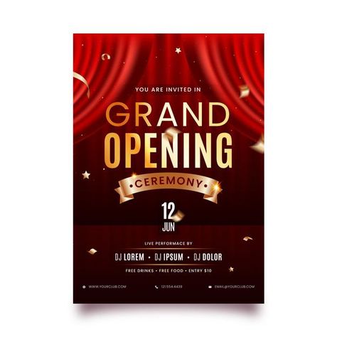 Grand opening ceremony invitation effect... | Premium Vector #Freepik #vector #flyer #poster #party #confetti Grand Opening Banner, Grand Opening Ceremony, Grand Opening Invitations, Standee Design, Ceremony Invitation, Church Backgrounds, Adobe Photoshop Design, Inauguration Ceremony, Party Confetti