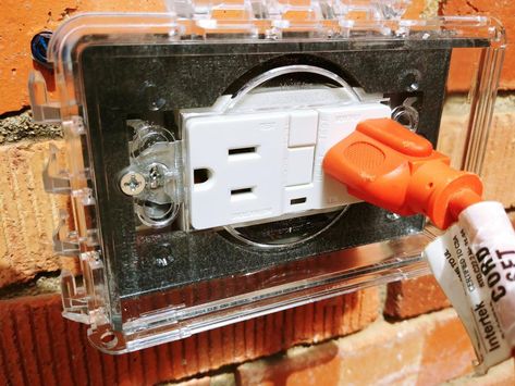 Exterior Outlet, Add Electrical Outlet, Installing Electrical Outlet, Recessed Outlets, Outdoor Electrical Outlet, Outdoor Outlet, Electric Box, Stone Exterior, Porch Roof