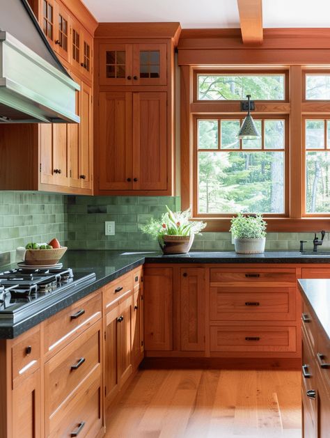 What Color Floor With Cherry Cabinets? Cherry Cabinets With Black Countertops, Natural Cherry Cabinets Kitchen, Wood Cabinet Kitchen, 2025 Kitchen, Cherry Kitchen Cabinets, Duplex Ideas, Cherry Wood Kitchen Cabinets, Craftsman Interior Design, Craftsman Style Kitchens