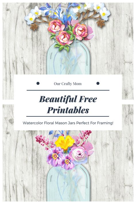 Free Printables - Beautiful Floral Watercolor Mason Jars Our Crafty Mom. Hello! Happy Saturday! I am so excited to share my first set of exclusive free printables with you! These Beautiful Floral Watercolor Mason Jars are perfect for framing and go with pretty  much any decor and who doesn't like mason jars right? Mason Jar Printables, Free Watercolor Flowers, Craft Printables, Colored Mason Jars, Crafty Mom, Spring Printables, Blue Mason Jars, Printables Free, Fall Printables