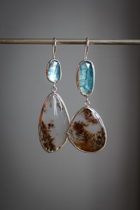 Silver earrings with kyanite and dendritic agate Wire Wrapping Earrings, Patina Jewelry, Handmade Silver Earrings, Silversmith Jewellery, Christmas Crafty, Rare Jewelry, Silver Statement Earrings, Organic Jewelry, Golden Jewelry