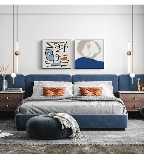 Modern Blue Bedroom, Bed Headboard Design, Bedroom Wall Designs, Dekorasi Kamar Tidur, Small Bedroom Decor, Hotel Interior Design, Bedroom Decor Design, Bed Furniture Design, Headboard Designs