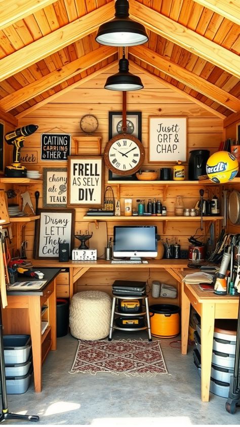 Cozy wooden shed with tools, a computer, wall signs, and shelves organized neatly. She Sheds Ideas Backyard Retreat, Shed Interior Design Ideas, She Shed Interior, Sheds Ideas Backyard, Vintage Tea Rooms, Dream Escape, Shed Interior, Chic Lounge, Storage Tips