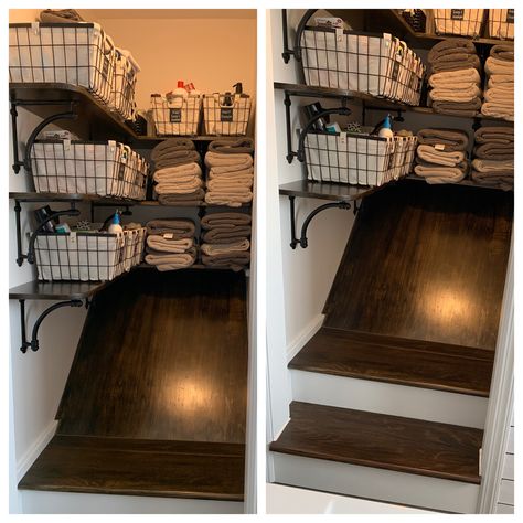 Closet Over Stairs Ideas, Over The Stairs Pantry, Over Stairs Closet, Pantry Above Basement Stairs, Closet Over Stairs, Slanted Floor Closet Ideas, Closet Above Stairs, Closet Above Stairs Slanted Floor, Over The Stairs Closet