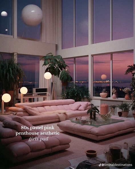 80s Living Room Aesthetic, 80s Apartment Aesthetic, Pink Penthouse, 80s Apartment, 1980s Interior, Pink Apartment, 80s Interior Design, 80s House, Glam House