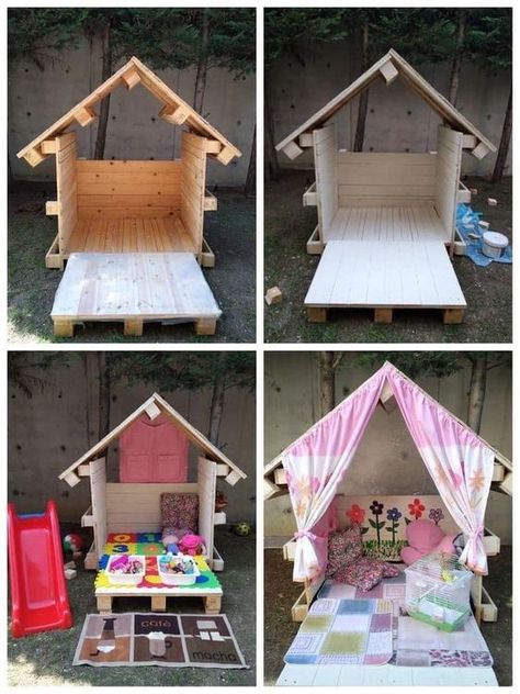 Pallet House For Kids, Kids Garden Play Area, Kids Garden Play, Diy Kids Playground, Pallet Kids, House For Kids, Pallet Playhouse, Kids Backyard Playground, Play Area Backyard