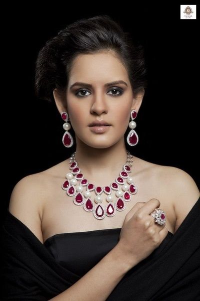 rubies and diamond engagement set with large drop rubies, elegant, western,  reception necklace for bride, bridal diamond set Talwar Jewellers, Ruby Diamond Necklace, Beautiful Diamond Necklace, Neck Pieces Jewelry, American Diamond Jewellery, Jewelry Editorial, Diamond Necklace Designs, Bridal Diamond Jewellery, Fancy Necklace