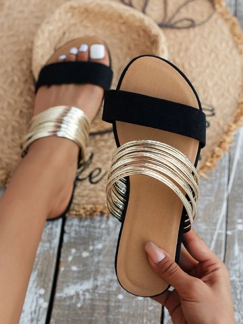 EMERY ROSE Suedette Metallic Two Tone Slide Sandals | SHEIN USA Party Flats, Orthopedic Sandals, Colored Sandals, Flat Slippers, Comfortable Slippers, Orthopedic Shoes, Roman Fashion, Flat Slipper, Gold Sandals