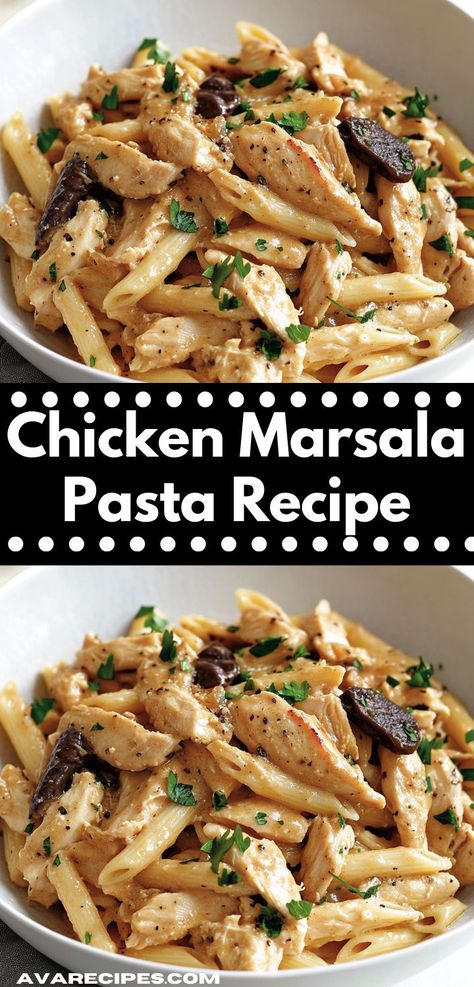 This Chicken Marsala Pasta combines succulent chicken with a savory Marsala sauce, complemented by mushrooms and garlic. Serve it over al dente pasta for a delicious and easy weeknight dinner. Chicken Marsala Pasta Recipe, Marsala Sauce Recipe, Easy Chicken Marsala, Marsala Pasta, Chicken Marsala Pasta, Creamy Chicken Marsala, Chicken Marsala Easy, Marsala Sauce, Chicken Mushrooms