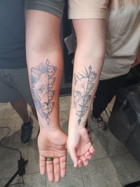 Matching Lion And Lioness Tattoos, Husband And Wife Lion Tattoos, Lions Family Tattoo, Lion Couple Tattoo, Couples Lion Tattoo, Lioness With Cubs, Lion And Lioness Tattoo, Husband Tattoo, Lion Lioness