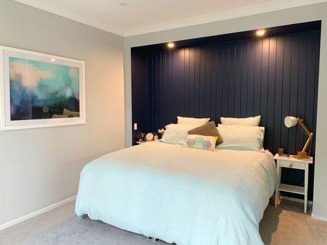 Makeover of bedroom wall with VJ panels and navy blue paint Bedroom Navy Wall, Navy Blue Feature Wall Bedroom, Navy Panelling Bedroom, Navy Feature Wall Bedroom, Blue Feature Wall Bedroom, Pallet Wall Bedroom, Navy Bedroom Walls, Navy Blue Accent Wall, Navy Blue Bedroom Walls