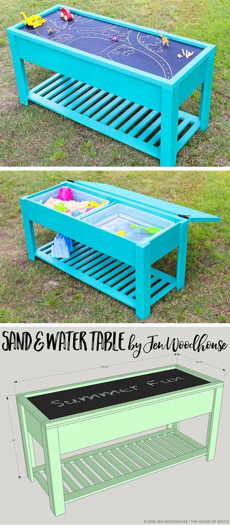 Learn how to build a fun DIY sand and water table for your kids! Free plans by Jen Woodhouse Diy Sand And Water Table, Toddler Water Table, Diy Outdoor Toys, Jen Woodhouse, Play Area Backyard, Backyard Activities, Backyard Kids Play Area, Sand And Water Table, Sand Table