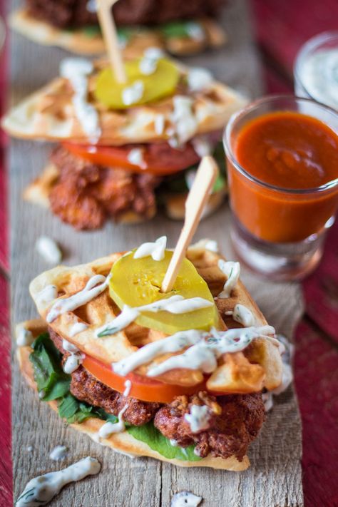 Chicken Waffle Sliders, Pork Rind Recipes, Waffle Sliders, Honey Fried Chicken, Fried Chicken And Waffles, Sriracha Chicken, Making Fried Chicken, Nashville Hot Chicken, Hot Honey