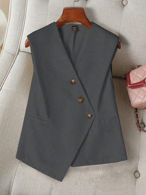 Women's Casual Old Money Style   Sleeveless Work Single-Breasted V-Neck Button Front Vest Blazer Teacher Clothes Business Women Clothes Work Women Blouses Fall Women Clothes Dark Grey Casual  Sleeveless Woven Fabric Plain vest Slight Stretch  Women Clothing, size features are:Bust: ,Length: ,Sleeve Length: Casual Old Money, Waistcoat Woman, Vest Blazer, Sleeveless Suit, Lightweight Blazer, Womens Business Casual, Teacher Outfits, Casual Sweaters, Women Clothes