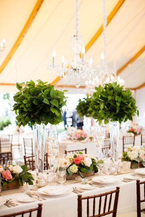 Gorgeous Greenery Topiary Centerpiece Tall Arrangements, Wedding Staircase, Greenery Centerpieces, Topiary Centerpieces, Fiftieth Birthday, Green Centerpieces, Wedding Motifs, Newport Wedding, Flowers And Greenery