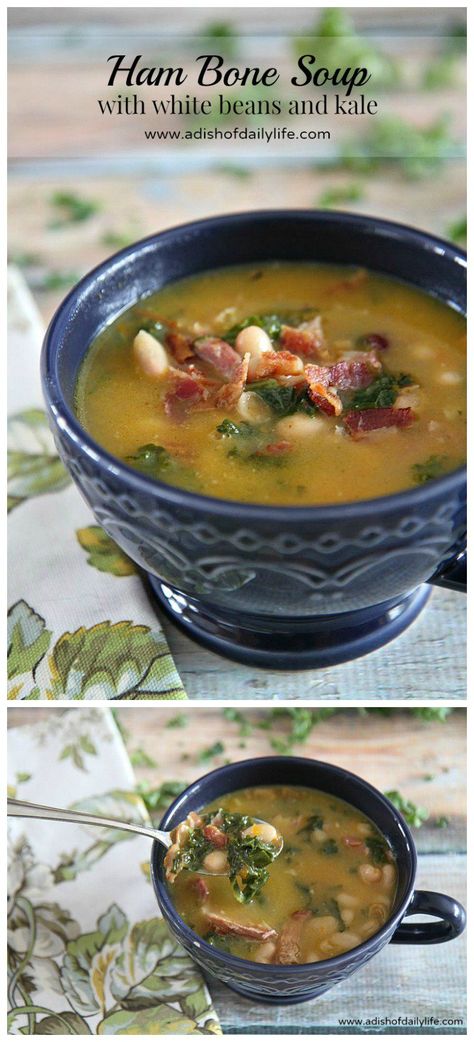 Rich in flavor, this hearty ham bone soup with white beans and kale is the perfect comfort food to warm your bones on a chilly or damp and rainy day. Great way to use up your leftover Christmas or Easter ham bone as well! White Beans And Kale, Ham Bone Soup Recipes, Soup With White Beans, Beans And Kale, Ham Bone Soup, White Bean Recipes, Bone Soup, Leftover Ham Recipes, Ham Bone