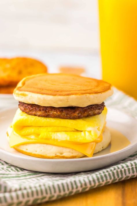 Copycat McDonald's McGriddles Why hit the drive-thru when you can make your own Copycat McDonald’s McGriddles at home? These tasty breakfast sandwiches feature maple syrup-infused pancakes as buns, with savory sausage, fluffy eggs, and melty American cheese in between. Not only are they super easy to make, but they’re also budget-friendly—and you get to enjoy them whenever you want! Omlette Cheese Sandwich, Sausage Egg Sandwich, Casserole Side Dishes, Sausage Sandwiches, Main Dish Casseroles, Fluffy Eggs, Bacon Egg And Cheese, Tasty Breakfast, Sausage Patty