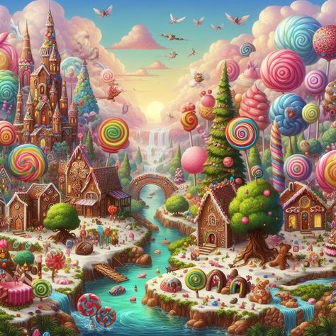 Candy City, Candyland Games, Art Club Projects, Candy World, Village Drawing, Fantasy Worlds, Sugar Rush, Candy Store, Color Pencil Drawing