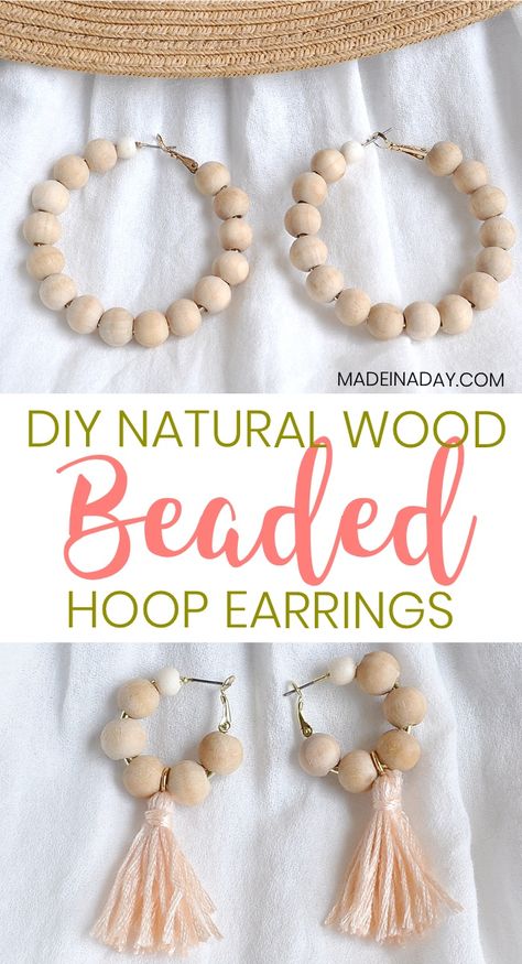 How to Make Your Own Wood Beaded Hoop Earrings, wood bead hoops, natural wood jewelry, DIY jewelry, tassel earrings, hoop tassel earrings, brown wood bead hoop earrings, boho beaded earrings, #handmade #wood #earrings #tassel #jewelry #crafts #fashion #beads #handmadejewelry #jewelrydesign #summerfashion #jewelrylovers #style Hoop Earrings Diy, Wood Jewelry Diy, Bamboo Hoop Earrings, Jewerly Making, Earrings Wood, Bamboo Earrings, Beginner Sewing Projects Easy, Earring Tutorial, Earrings Hoop