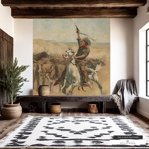 Embrace the Frontier: 'Heading a Stampede' Vintage Cowboy Wallpaper Step into the heart of the Western frontier with our "Heading a Stampede" wallpaper mural, a vintage masterpiece that captures the raw energy and untamed spirit of cowboy life. This exceptional piece portrays a dramatic scene of a cowboy navigating through a stampede of bulls, all rendered in rich, warm neutral earth tones that evoke the essence of the wild, open landscapes. Crafted for those who appreciate the depth of Western Large Western Wall Decor, Vintage Cowboy Wallpaper, Cowboy Mural, Western Mural, Art Accent Wall, Western Office Decor, Western Interior, Western Wall Decor, Ranch House Decor