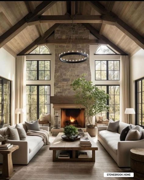 Rustic Charm Living Room, Living Room Stone Fireplace, Living Room Fireplace, Cabin Living Room, Porch Remodel, Becki Owens, Cabin Living, Neutral Interiors, Home Fireplace