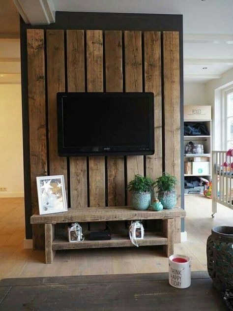 Flat Screen Tv, Tv Wall Decor, Tv Wall Design, Living Room Tv Wall, Living Room Tv, A Tv, Pallet Furniture, Tv Wall, Wooden Wall