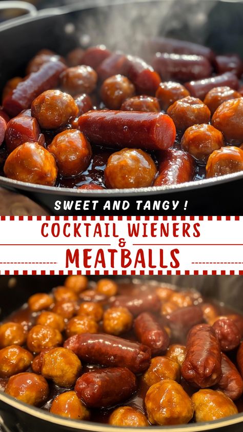 Sweet and Tangy Cocktail Wieners and Meatballs Little Wienies In Crockpot, Meatballs And Cocktail Weenies, Slow Cooker Weenies, Cocktail Weenies And Meatballs Crockpot, Whiskey Dogs Recipe, Weenies And Meatballs In Crockpot, Meatball Buffet Ideas, Sweet And Sour Cocktail Meatballs, Candied Meatballs