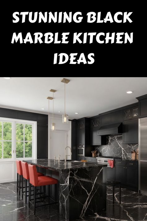 Stunning black marble kitchen with red bar stools and large windows. Marble Kitchen Inspiration, Marble Kitchen Ideas, Black Marble Kitchen, Marble Kitchen Decor, Marble Inspiration, Black Marble Countertops, Marble Kitchens, Marble Kitchen Island, Red Bar Stools