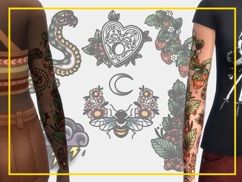 Sims 4 Traditional Tattoo Cc, Sims 4 Shoulder Tattoo, Full Tattoo Sleeve, Ts4 Tattoos, Ts4 Skin, Thigh Tattoo Quotes, Traditional Tattoo Woman, Sims Download, Sims Challenge