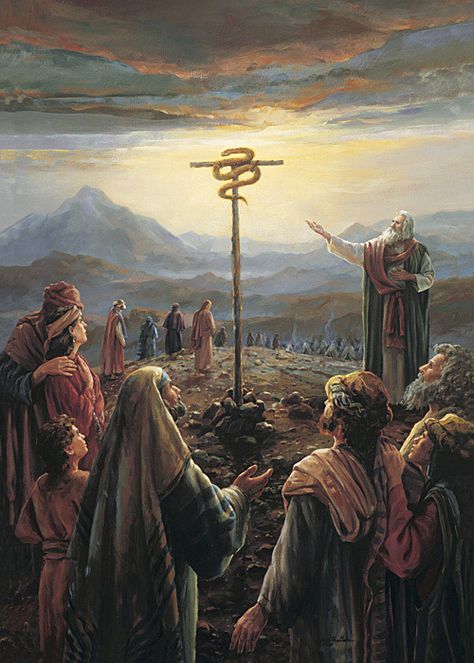 Moses and the Brass Serpent, by Judith Mehr. The Lord sent fiery serpents upon the children of Israel and many died from the serpents’ bites. The Lord told Moses to make a fiery serpent and set it upon a pole. He made a serpent of brass and raised up the pole. Those who looked at it lived (see Numbers 21:8–9). This typifies Christ. Those who will look unto Him and believe will “have eternal life” (see John 3:14–15; Alma 33:19–22). Image Of Jesus, Bible Images, Bible Illustrations, Bible History, Bible Pictures, Daily Bible Reading, Ayat Alkitab, Christian Pictures, Biblical Art