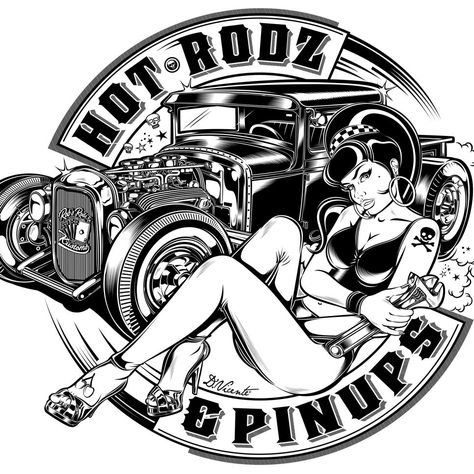 Rockabilly Artwork, Hot Rod Tattoo, Amg Engine, Kustom Kulture Art, Arte Pin Up, Pin Up Girl Tattoo, Rockabilly Art, Pin Up Girl Vintage, Pin Up Posters