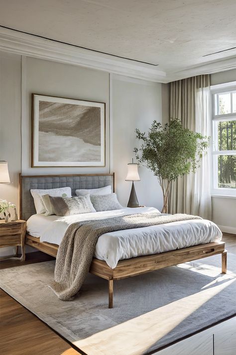 Serene Elegance • Sunlight streams through the window, casting a warm glow over the wooden bed with crisp linens • An oversized artwork echoes the tranquility of a seascape, setting a tone of refined calm • Fresh greenery adds a lively burst of nature, enhancing the room's airy charm • A pair of timeless bedside lamps offer a soft, ambient light • The plush throw and patterned cushions on the bed promise comfort and style Rustic Cozy Bedroom, Soft Neutral Aesthetic, Neutral Aesthetic Home Decor, Neutral Aesthetic Home, London Renovation, Light And Airy Bedroom, Neutral Bedroom Design, Oversized Artwork, Patterned Cushions