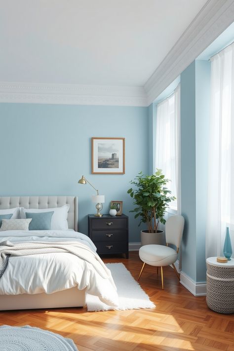 15 Ideas and Inspiration for Light Blue Bedrooms – bedroomideas.fun Hinting Blue Bedroom, Light Blue Bedrooms, Light Blue Bedroom Ideas, Duck Egg Blue Bedroom, Pale Blue Bedrooms, Baby Blue Bedrooms, Blue Velvet Headboard, Light Blue Rooms, White Distressed Furniture