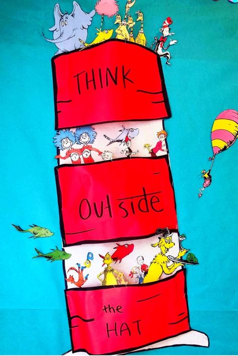 This Cat in the Hat bulletin board classroom display was so much fun to make for Dr. Seuss' Birthday! It would look great on a door as well! Think outside the hat :) Hat Bulletin Board Ideas, Dr Seuss Classroom Door Decorations, Dr Seuss Classroom Door, Dr Suess Day, Door Classroom, March Bulletin Board, Dr Seuss Classroom, Board Classroom, Seuss Classroom